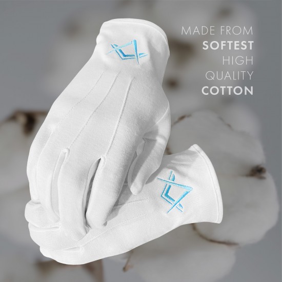 White 100% Cotton Masonic Gloves - Featuring embroidered Square & Compass emblem