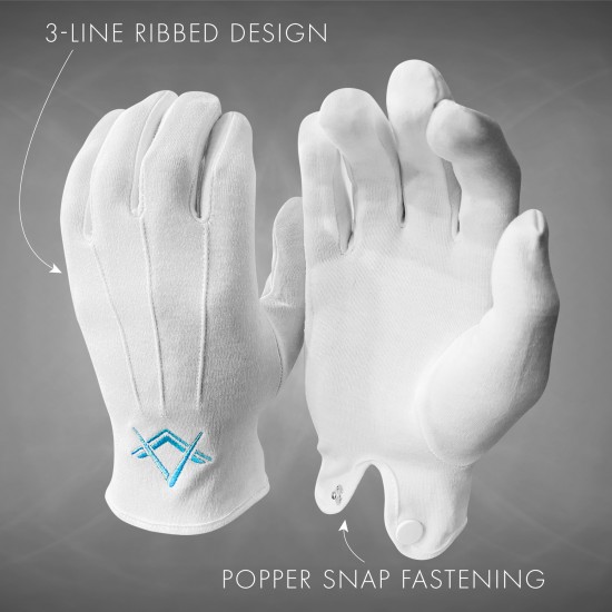 White 100% Cotton Masonic Gloves - Featuring embroidered Square & Compass emblem
