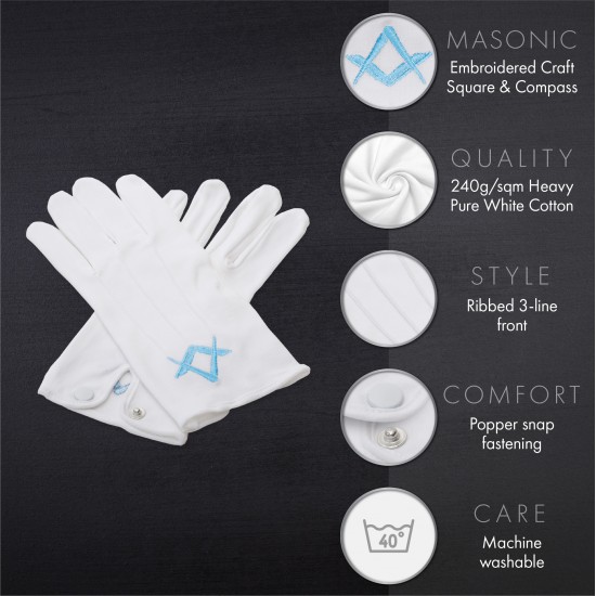 White 100% Cotton Masonic Gloves - Featuring embroidered Square & Compass emblem
