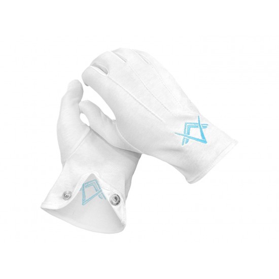 White 100% Cotton Masonic Gloves - Featuring embroidered Square & Compass emblem
