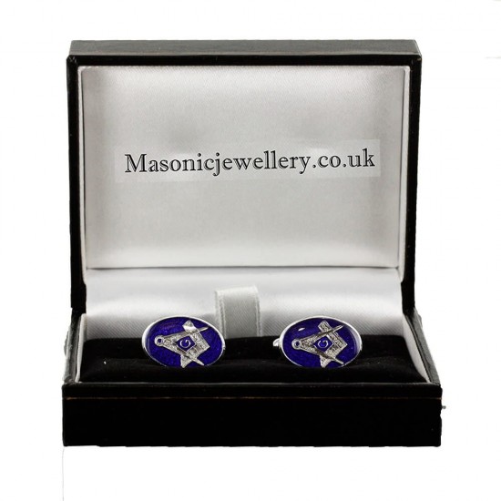 Silver Plated Blue Enamel Square and Compass with G Cufflinks