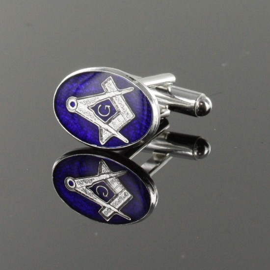 Silver Plated Blue Enamel Square and Compass with G Cufflinks