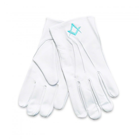 White 100% Soft Leather Masonic Gloves - Featuring embroidered Square & Compass emblem