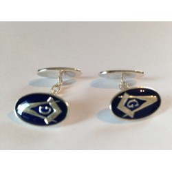 Blue Enamel & Silver Oval Masonic Cufflinks with Chain - G