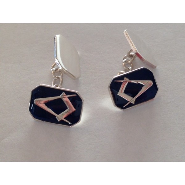 Blue Enamel & Silver Rectangular Masonic Cufflinks with Chain