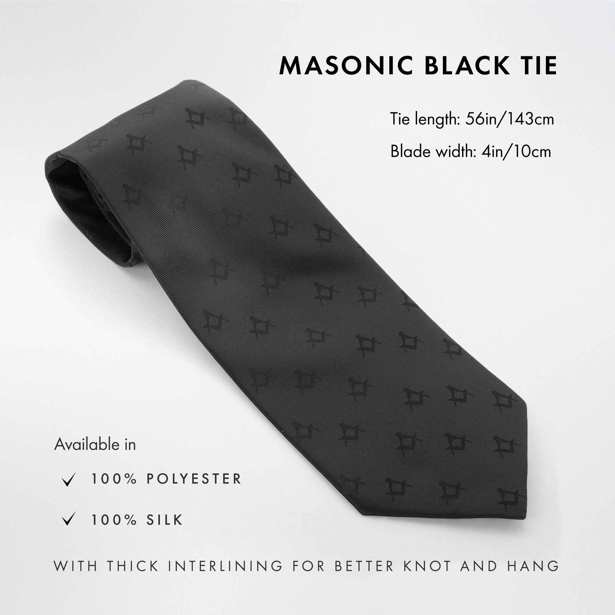 Freemasons Black 100% Silk Masonic Tie