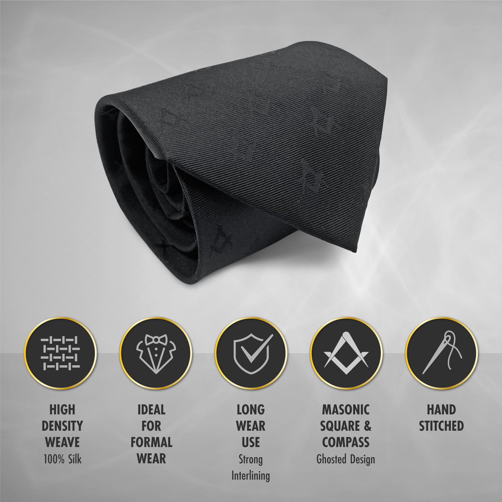 Freemasons Black 100% Silk Masonic Tie