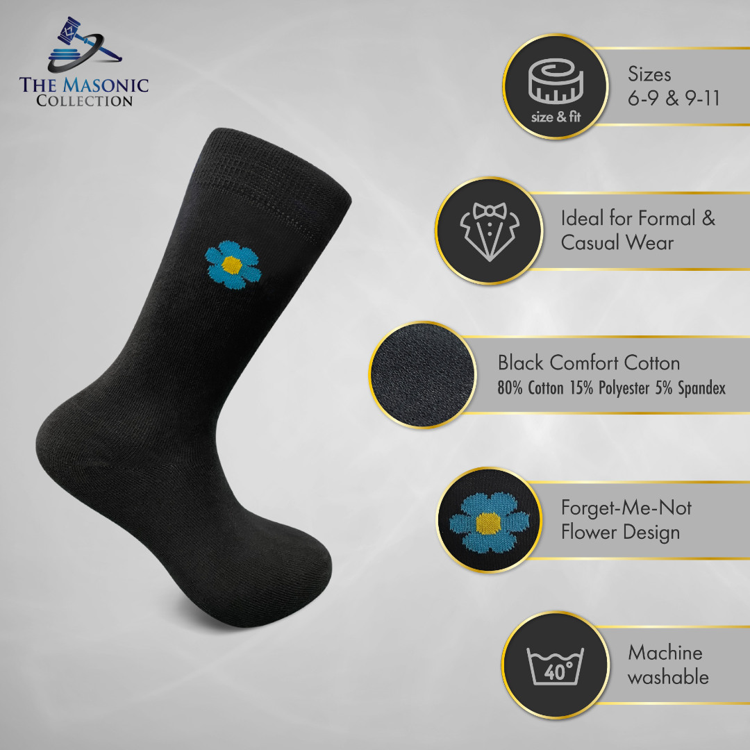 Mens Black Forget Me Not Masonic Socks