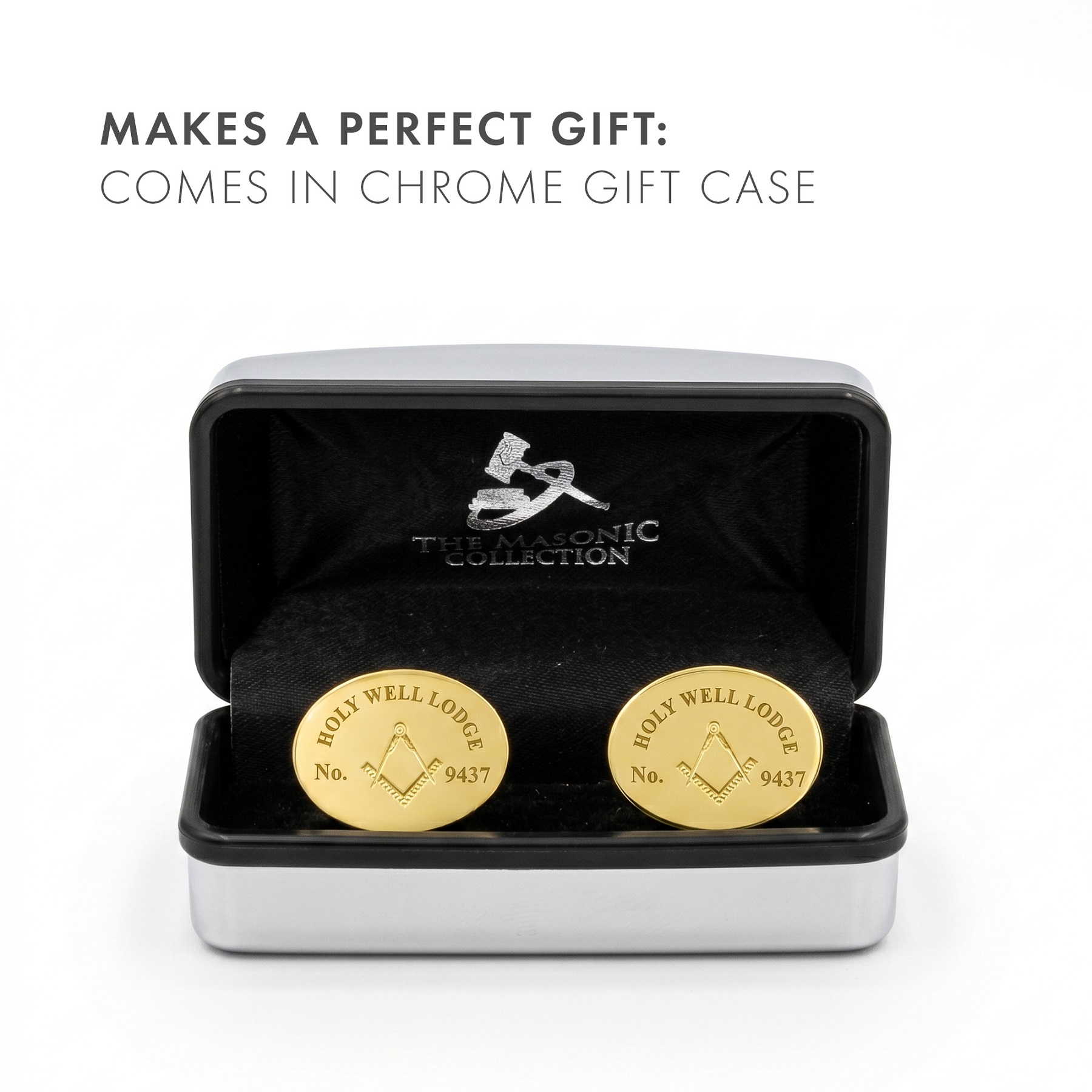Custom Gold Masonic Lodge Cufflinks — Personalised with Your Lodge Name & Number
