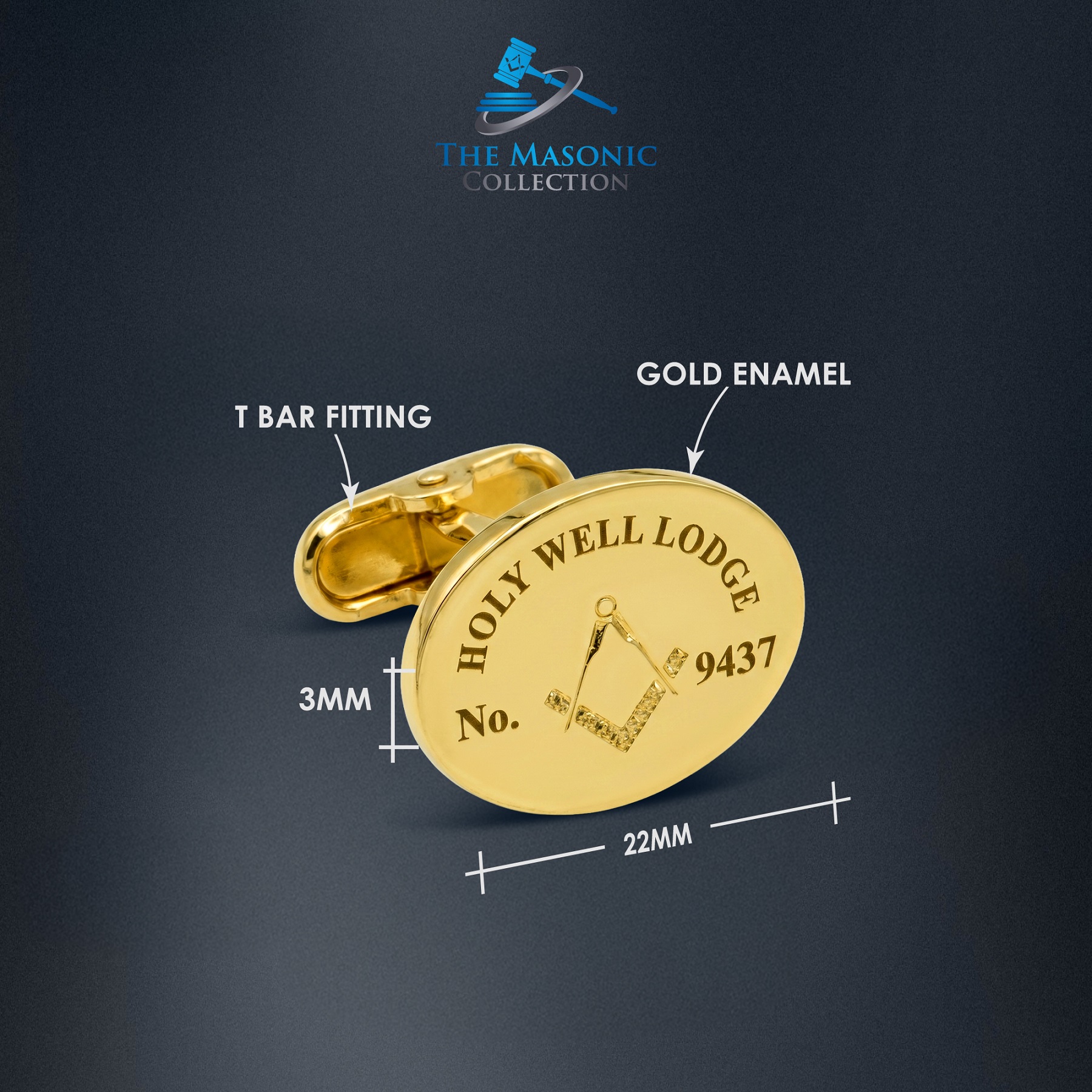 Custom Gold Masonic Lodge Cufflinks — Personalised with Your Lodge Name & Number