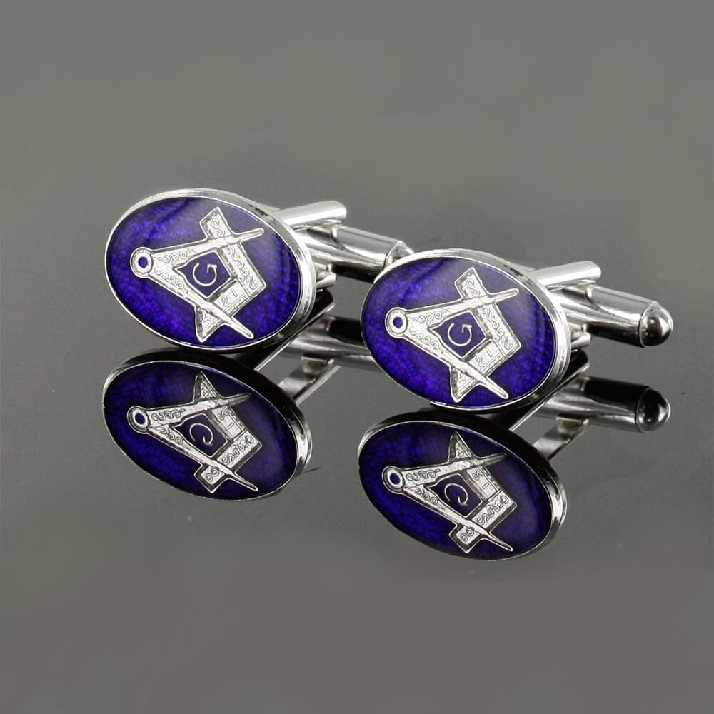 Silver Plated Blue Enamel Square and Compass with G Cufflinks