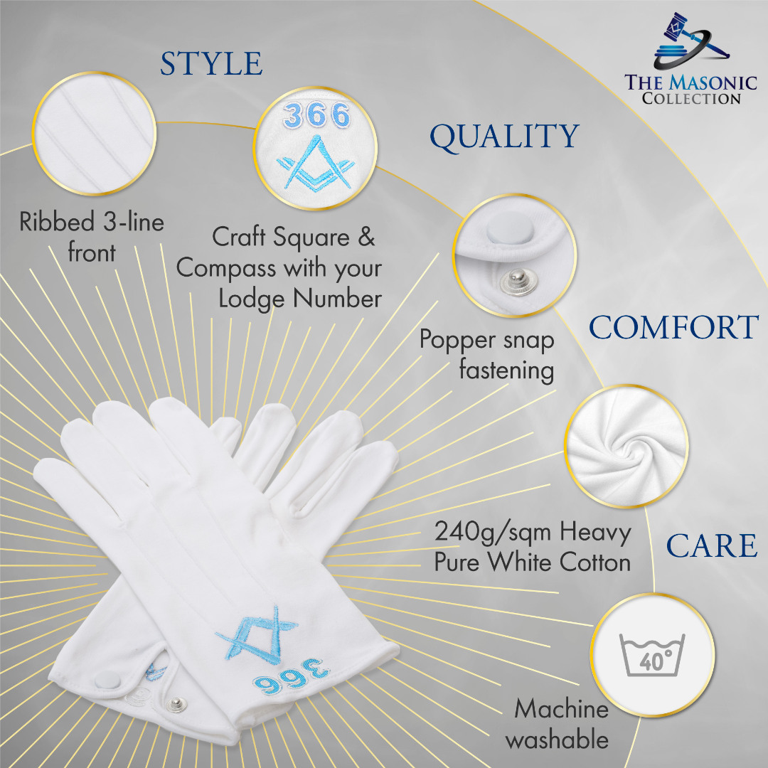 White 100% Cotton Masonic Gloves with Lodge Number