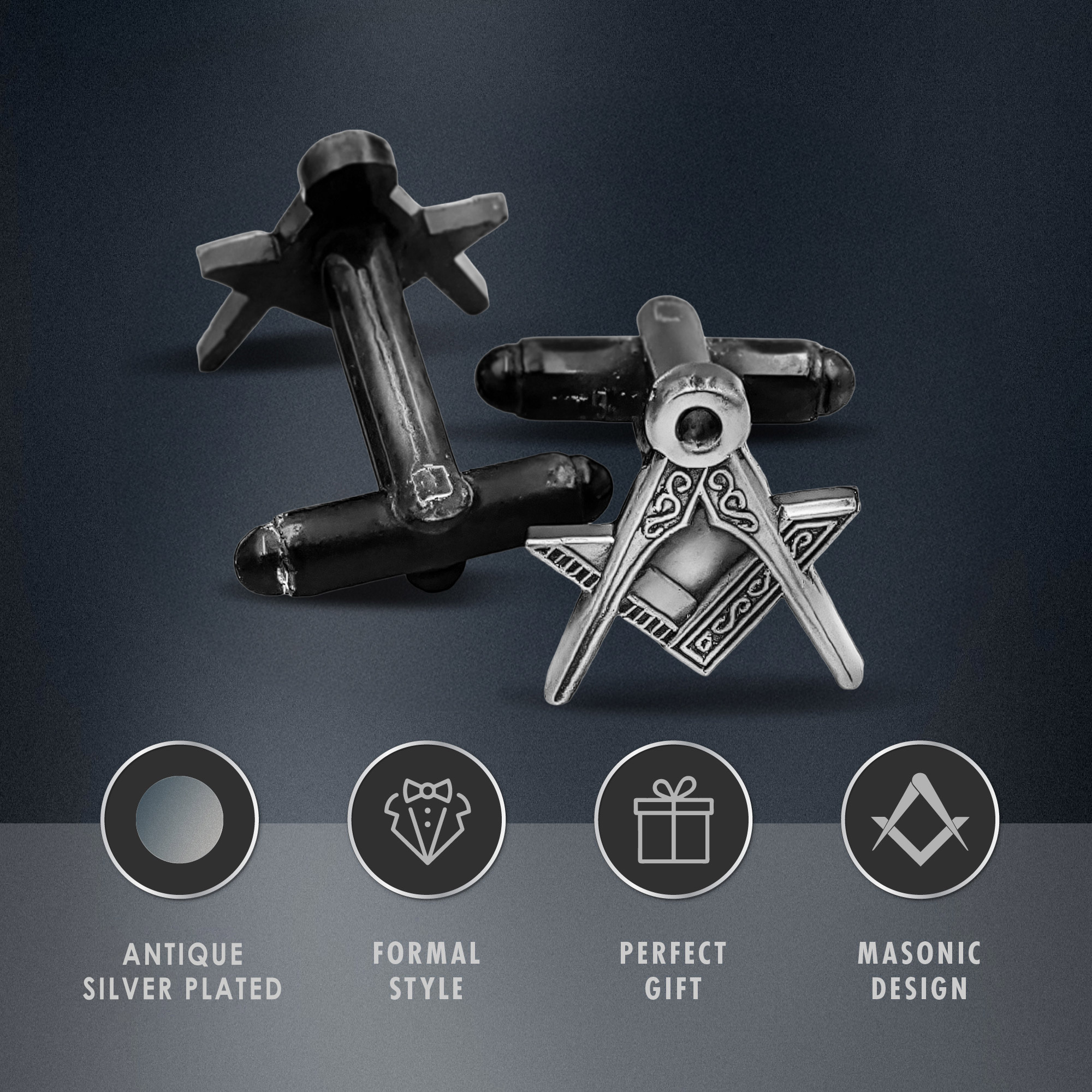 Antique Silver Effect Cufflinks with Square & Compass Symbols