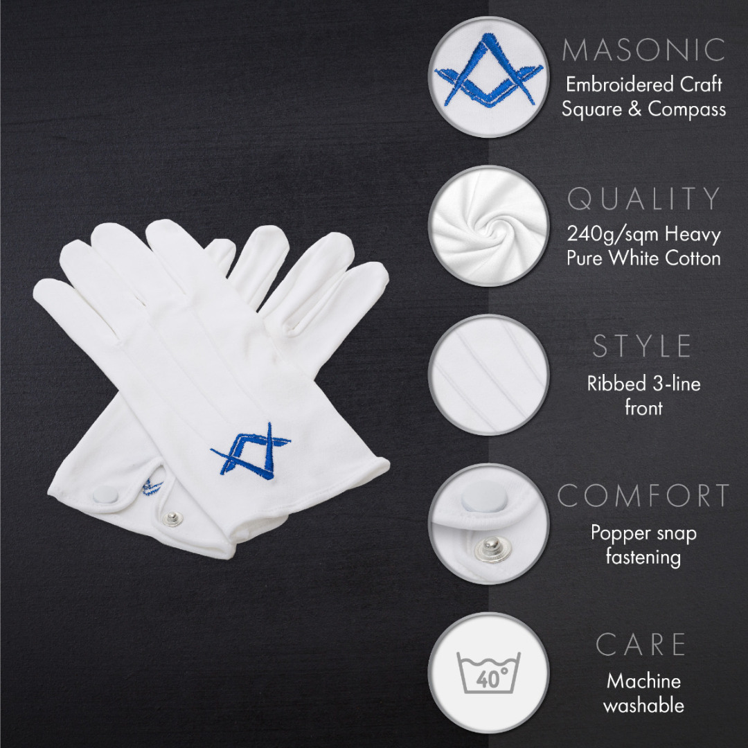 White 100 % Cotton Masonic Royal Blue Gloves
